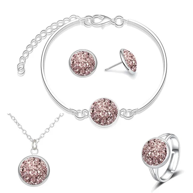 Luxuriöses Quartz-Strass-Schmuckset für Frauen, einfache runde Ohrringe, Halsketten-Set, Brautschmuck, 4-teilig, versilberter Schmuck