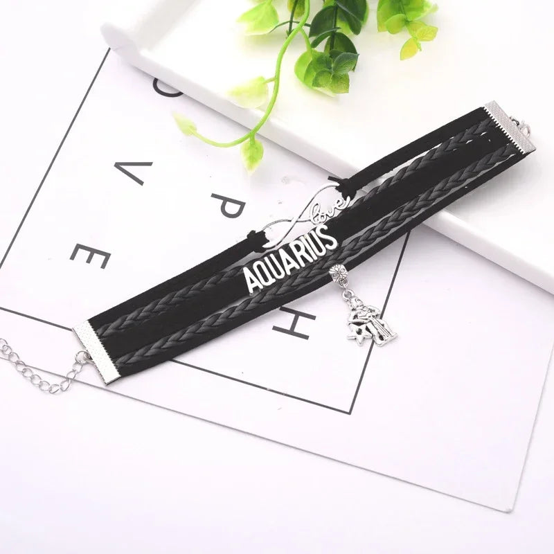 12-Sternbild-Sternzeichen, schwarzes geflochtenes Lederarmband, Krebs, Löwe, Jungfrau, Waage, gewebter Schmuck, Punk-Männer-Anhänger-Armband