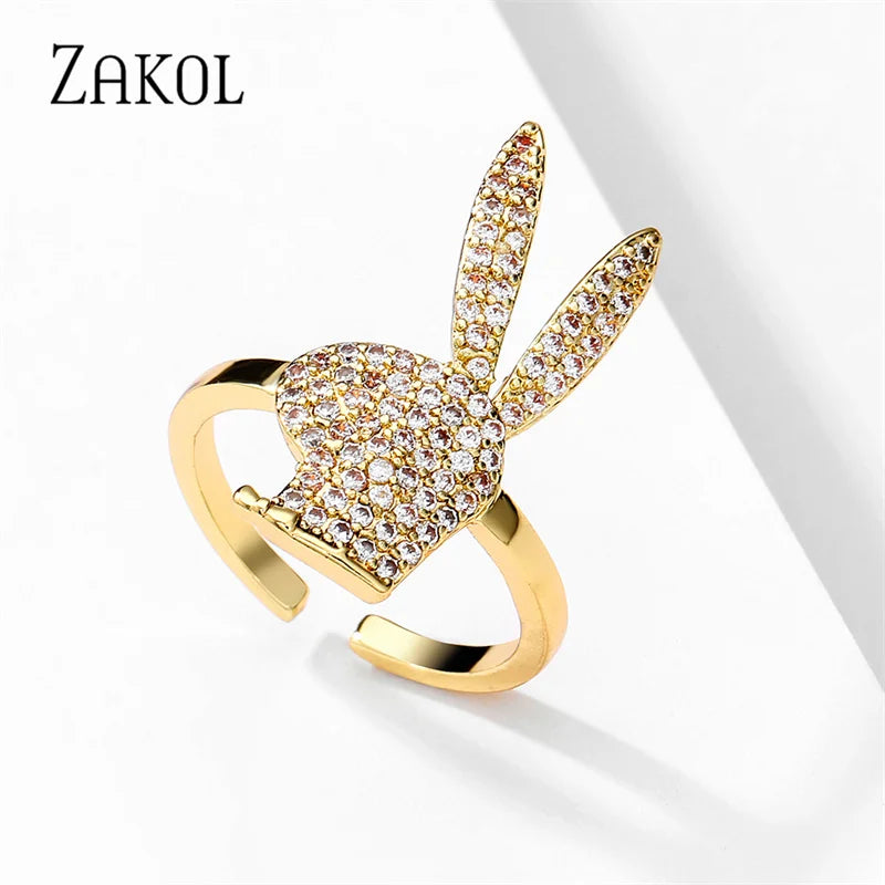 ZAKOL Niedliche Kaninchen-offene Ringe für Damen, modisch, Weißgold, Party-Schmuck, 2023, Neu
