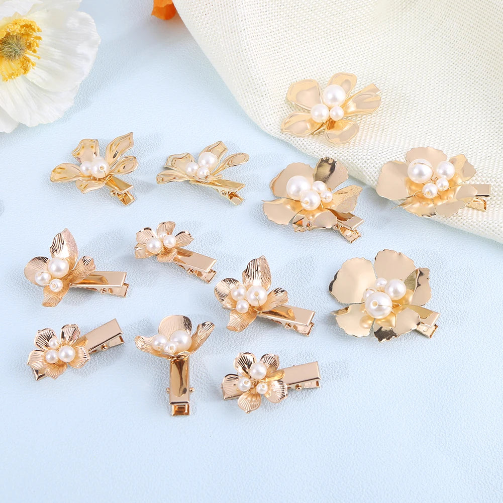 10/12/16 Stück kleine Blumen-Haarspangen, Metall, goldene Perlen-Haarspangen, florale Kopfbedeckung, florale Perlen-Haarnadeln, Haar-Accessoires