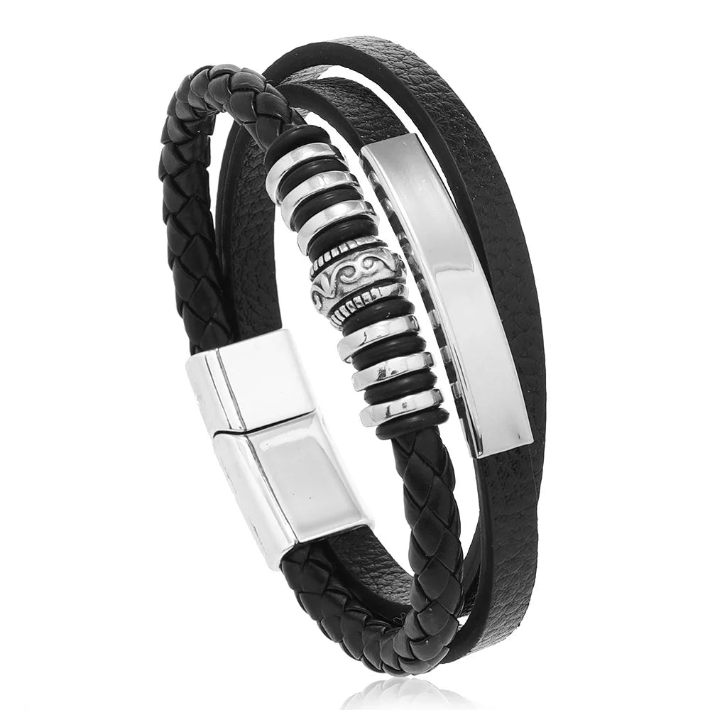 Trendige Lederarmbänder für Männer, Edelstahlarmband, 21 cm, mehrschichtige geflochtene Seilarmbänder für männliche Schmuckgeschenke