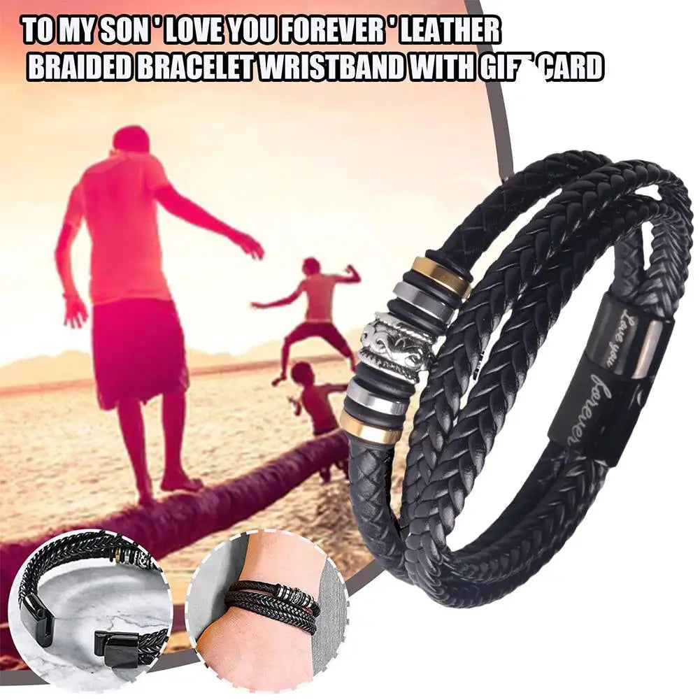 Zu meinem Sohn lieben Sie für immer Leder geflochtenes Armband mit Geschenk karte Männer Jungen mehr schicht ige gewebte Leder Seil Stahl Armband