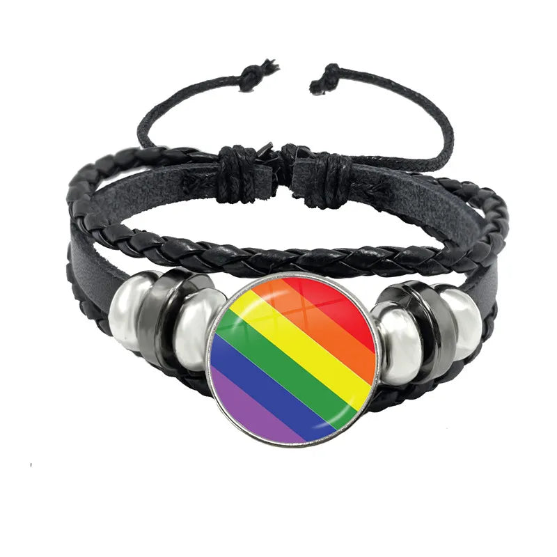 LGBT Schwarz Weave Leder Armband Bi Stolz Glas Cabochon Homosexuell Stolz Regenbogen Flagge Foto Armreif Schmuck Für Frauen Männer Liebhaber geschenk
