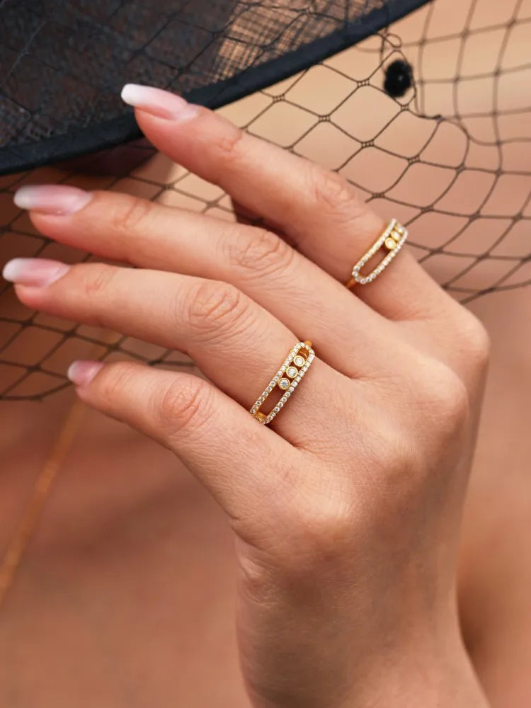 Edelstahl-Ketten-Halsketten, Ringe für Damen, 18 Karat vergoldet, mit beweglichem Zirkon-Anhänger, Halskette, passendes Ring-Schmuckset
