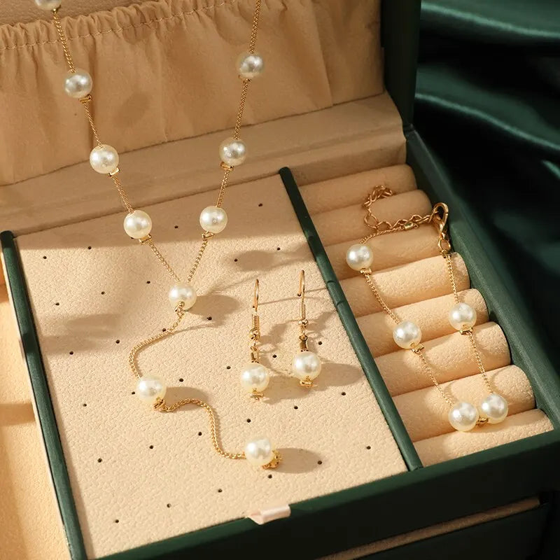 4 stücke Gold-farbe Halskette Ohrring Armband Set Damen Elegante Imitation-Perlen Sammlung Temperament Quaste Schmuck