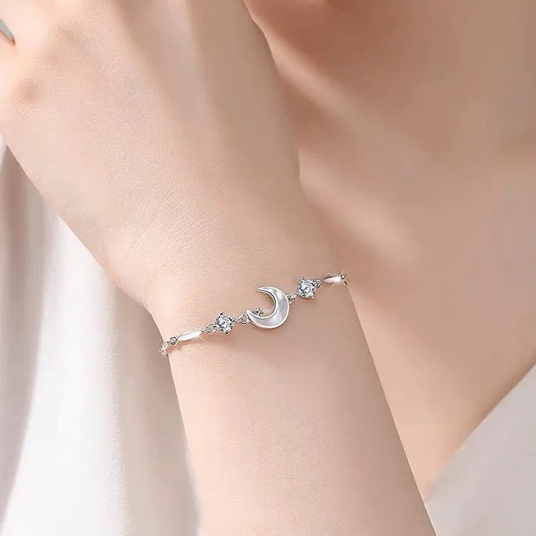 Damen-Armband aus 925er-Sterlingsilber mit Halbmond-Sternen, eingelegt mit Zirkon-Muschel, eingelegtem Mond, Silberschmuck-Armreif für Mädchen