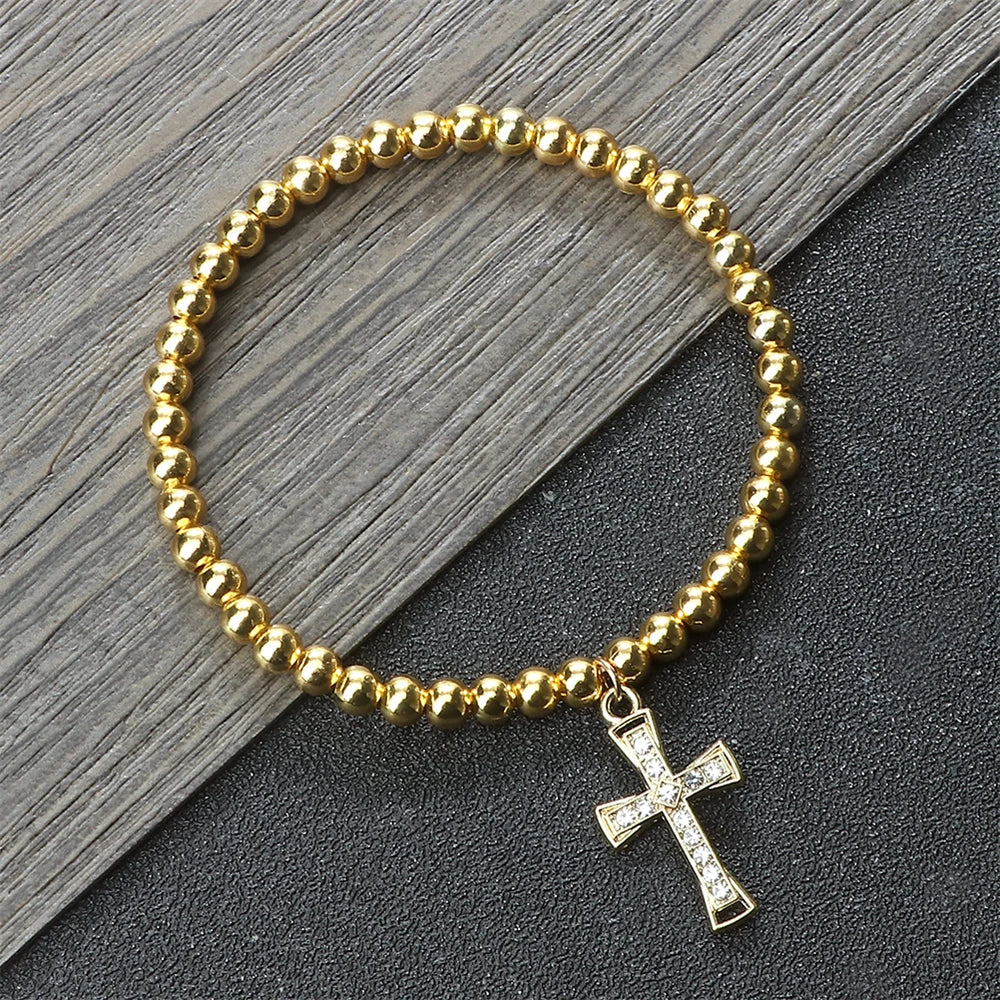 5mm Gold Silber Farbe Kupfer Perlenarmband Elastisches Seil Armband mit Kreuz Strass Anhänger Charm Schmuck Geschenk für Frauen Männer