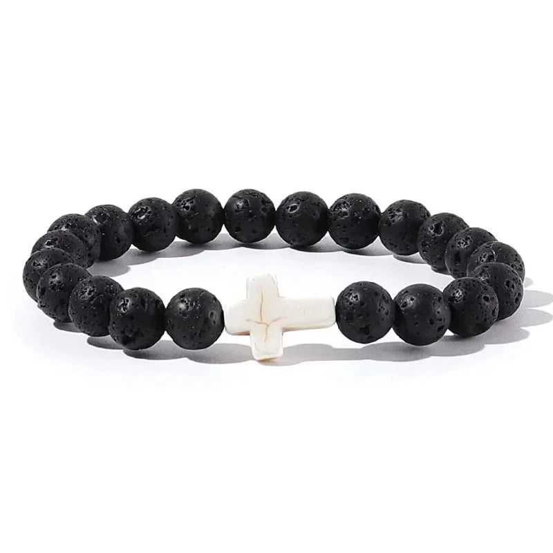 Gebet Männer Naturstein Holz Perlen Rosenkranz Hämatit Kreuz Armbänder Onyx Meditation Armband Frauen Yoga Schmuck Homme Pulsera