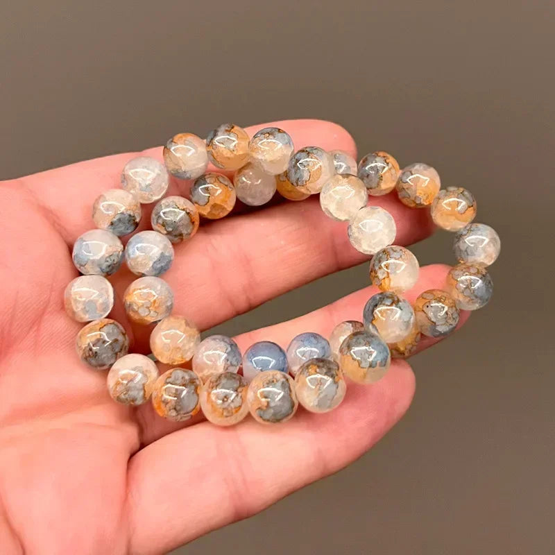 Natürliches rosa/buntes Kristall-/Porzellan-Armband mit Eis-Rissmuster und gemusterten Perlen, einzelner Kreis, glücklicher Heilstein, Schmuck, Geschenk