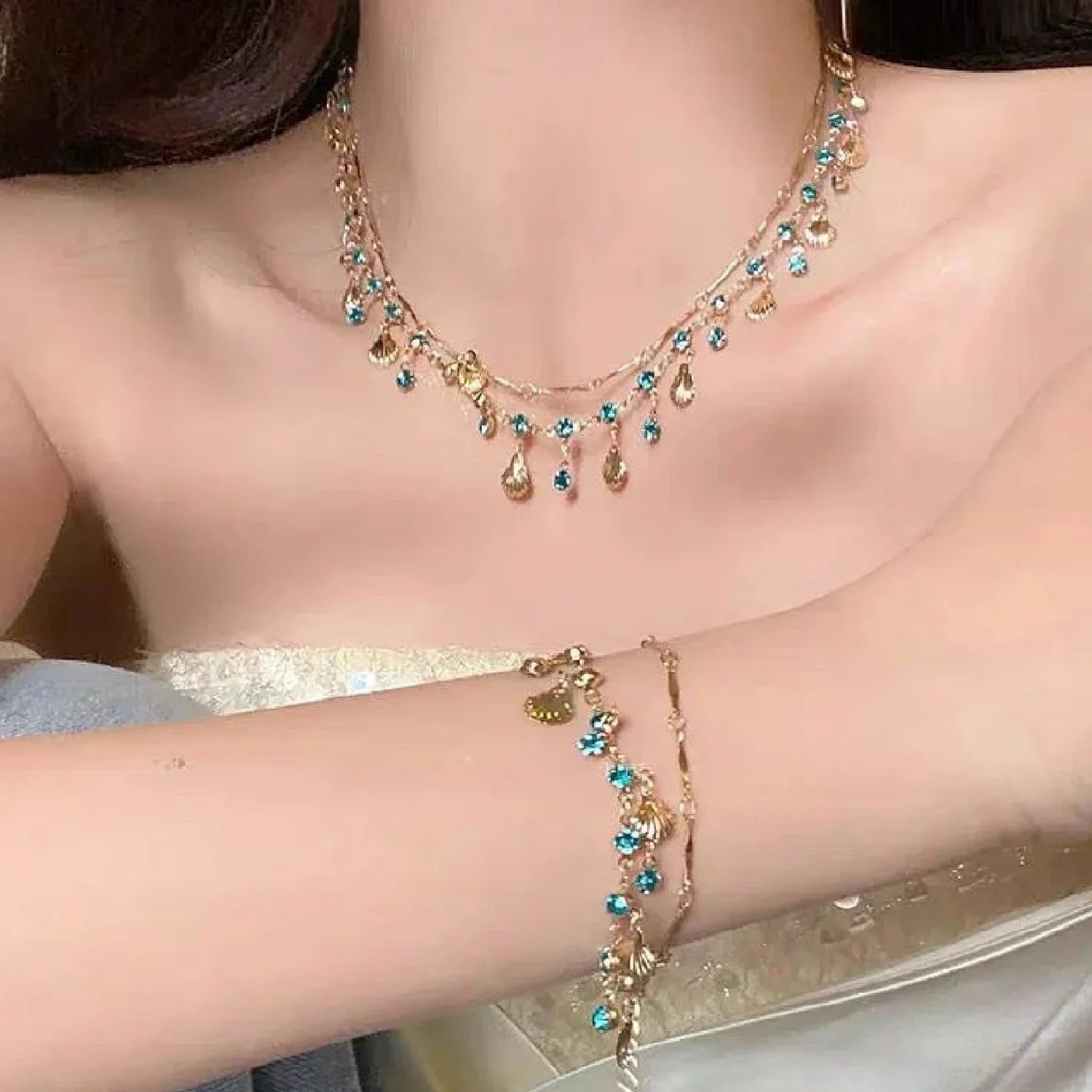 Elegante Gold Farbe Kette Shell Blau Schmuck Set Kristall Quasten Halsband Halskette Armband für Frauen Hochzeit Schmuck Geburtstag Geschenk