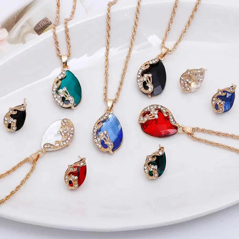3PCS Pfau Edelstein Dame Schmuck Set Temperament Glänzenden Kristall Waterdrop Halskette Hoop Ohrring Ring Gold Farbe Abend Schmuck