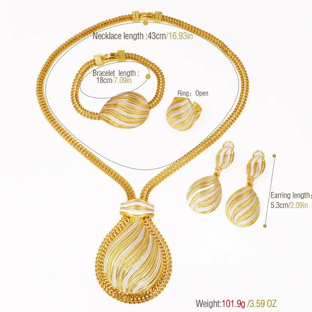 GZJPEI Zweifarbiges Schmuckset, vergoldet, großer Anhänger, Halskette, Armband, Wassertropfen-Ohrring, Ring für Frauen, Hochzeitsgeschenke, 2025, neu