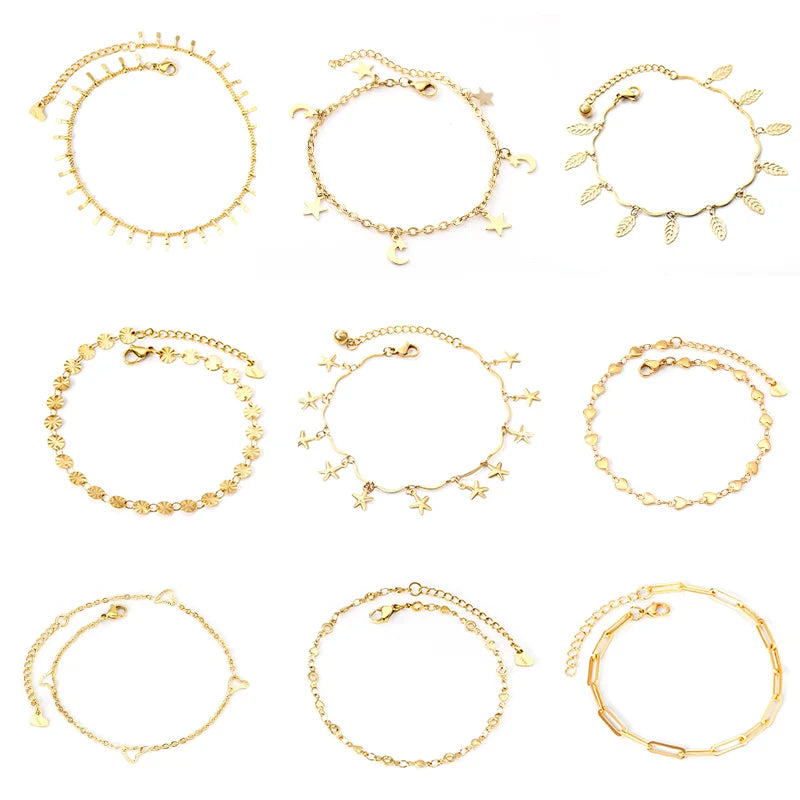 LUXUSTEEL Edelstahl Fußkettchen Armbänder Für Frauen Quaste Seestern Charme Gold Farbe Link Kette Auf Bein Mode Fuß Schmuck