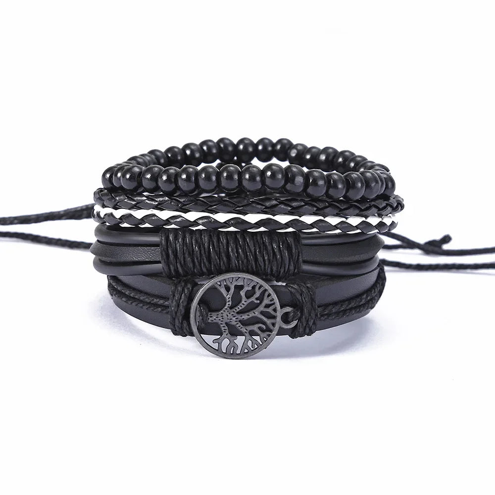 3-4 Stück Vintage Leder Armband Set für Männer Baum des Lebens Charme schwarz gewebte Seil Perlen Kette Wrap Armreif Frauen handgemachten Schmuck