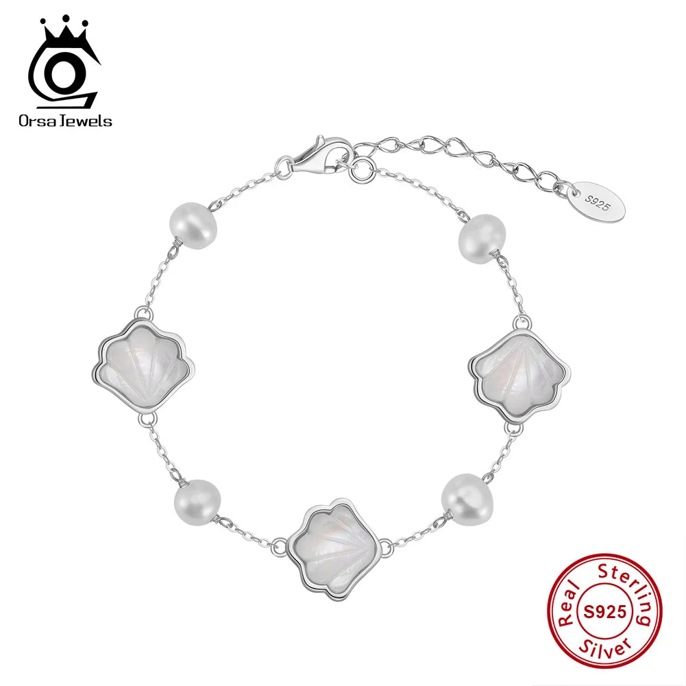 ORSA JEWELS Neues 925er Silber, heißer Verkauf, Muschel-Sommerschmuck-Set, Muschelperle, Charm-Armband, Kette, exquisites Geschenk für Damen, GPB41