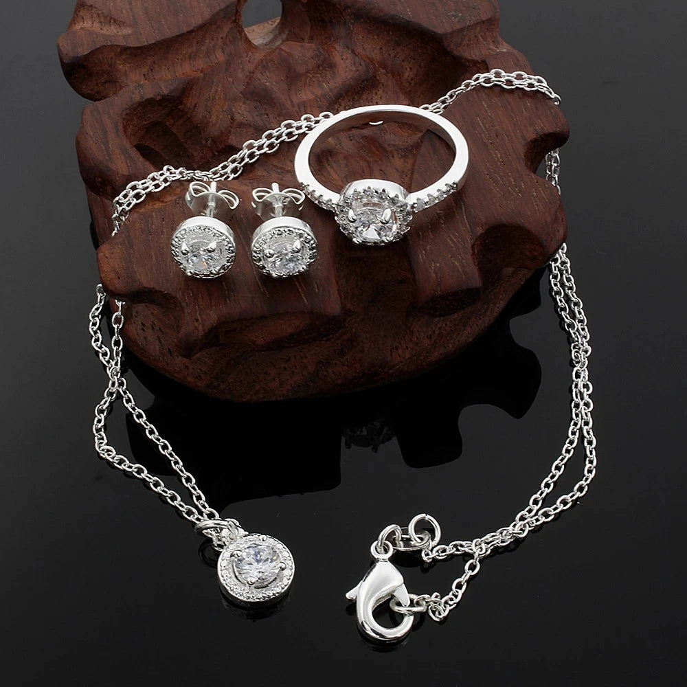 100% reine 925 Sterling Silber Braut Schmuck Sets Cubic Zirkon Halskette Ohrringe Ring Geschenk für Frauen Geburtstag Valentinstag Weihnachten