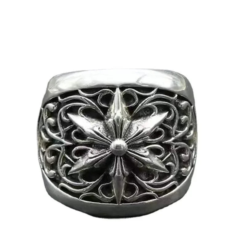 Neuer modischer einfacher Kreuz-geschnitzter Ring aus 925er-Sterlingsilber im europäischen Stil für Herren, einzigartiger Vintage-Texturring für Männer