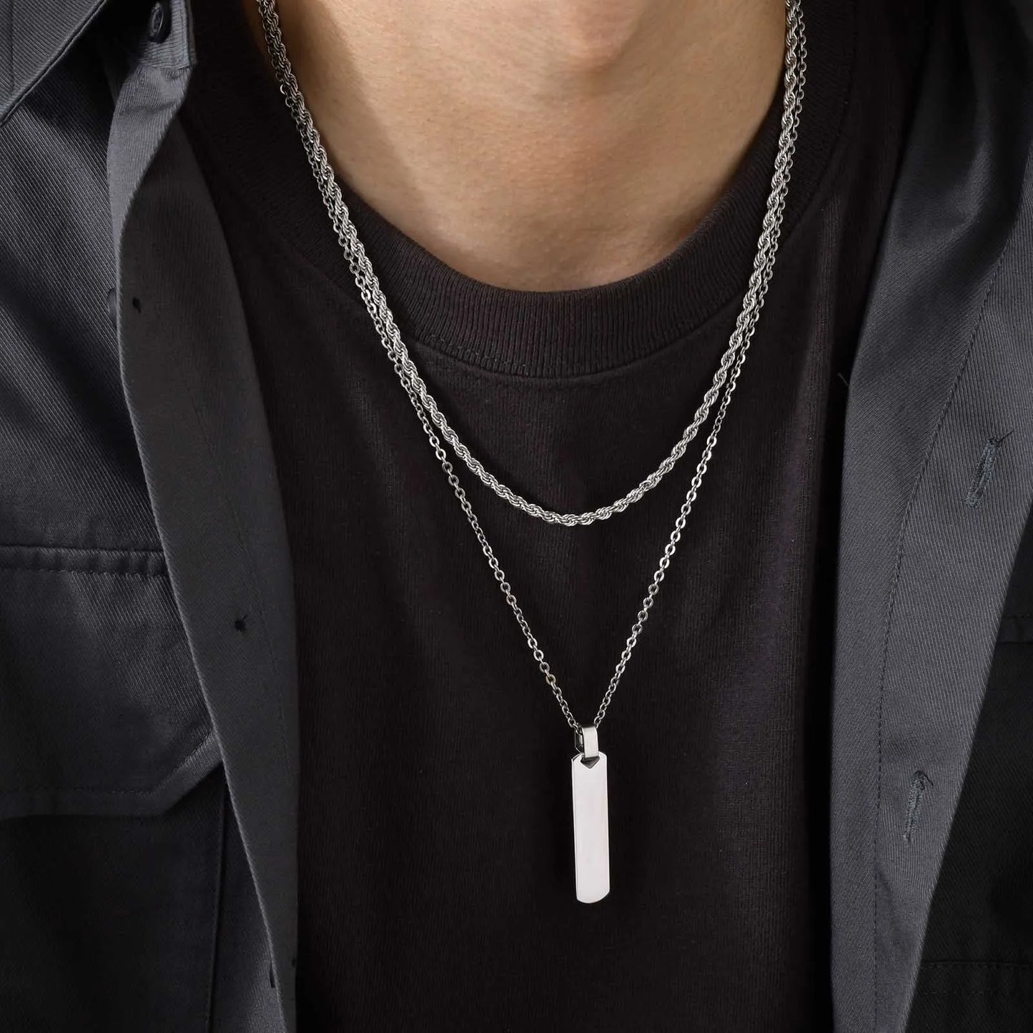 Gestapelte Halsketten mit vertikaler Stange für Männer und Jungen, kubanische Kette aus Edelstahl, gedrehtes Seil, Kettenhalsband, stilvolle Schmucksets, Geschenke