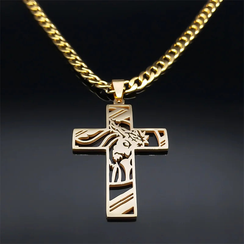 Hip Hop Punk Krone der Dornen Jesus Kreuz Halskette für Männer Edelstahl Vergoldet Kruzifix Anhänger Halsketten Schmuck N8052