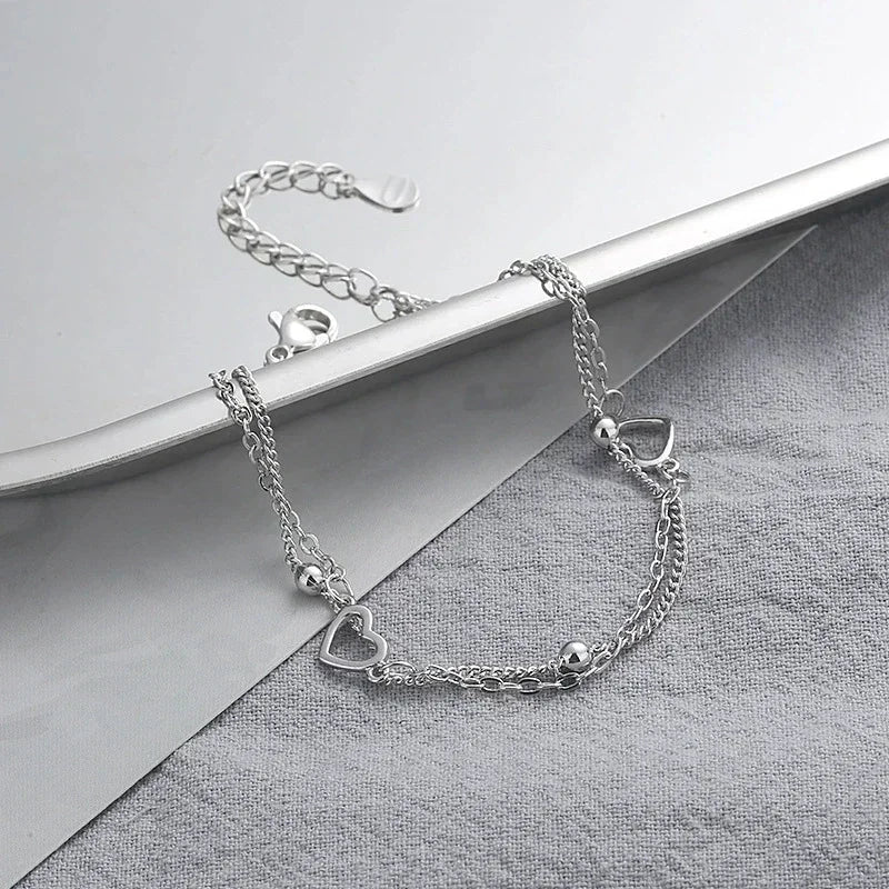 Armband aus 925er-Sterlingsilber, doppeltes Liebesherz, hohle runde Perlen, Damenmode, romantischer Schmuck, klassisch, verstellbar, Geschenke