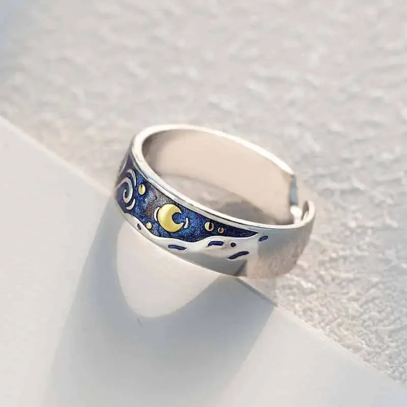 1/2 stücke romantische van Gogh Sternen himmel Ringe Liebhaber Paar Persönlichkeit öffnen Fingerring Männer Frauen Nacht Stern Mond Schmuck Geschenke