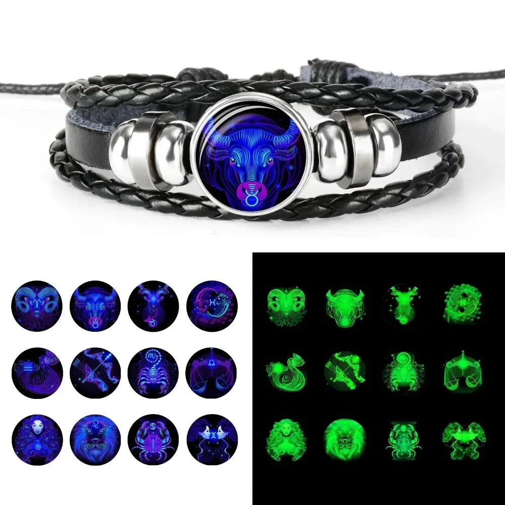 12-Sternbild-Sternzeichen, schwarzes geflochtenes Lederarmband, Krebs, Löwe, Jungfrau, Waage, gewebte Glaskuppel, Schmuck, Punk-Männerarmband