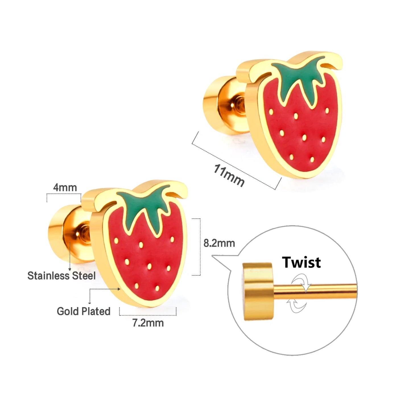LUXUKISSKIDS Ohrstecker aus chirurgischem Stahl für Mädchen/Frauen, Erdbeere, Regenbogen, niedliches romantisches Piercing, winziger Schmuck mit hypoallergenkeit