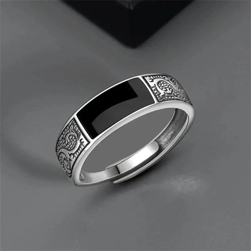 Trendiger Vintage-Ring aus 925er Silber für Herren, Schmuck, schwarzer rechteckiger Retro-Drachenmuster-Ring, männliche Ringe, verstellbar, Mohamed Nadal