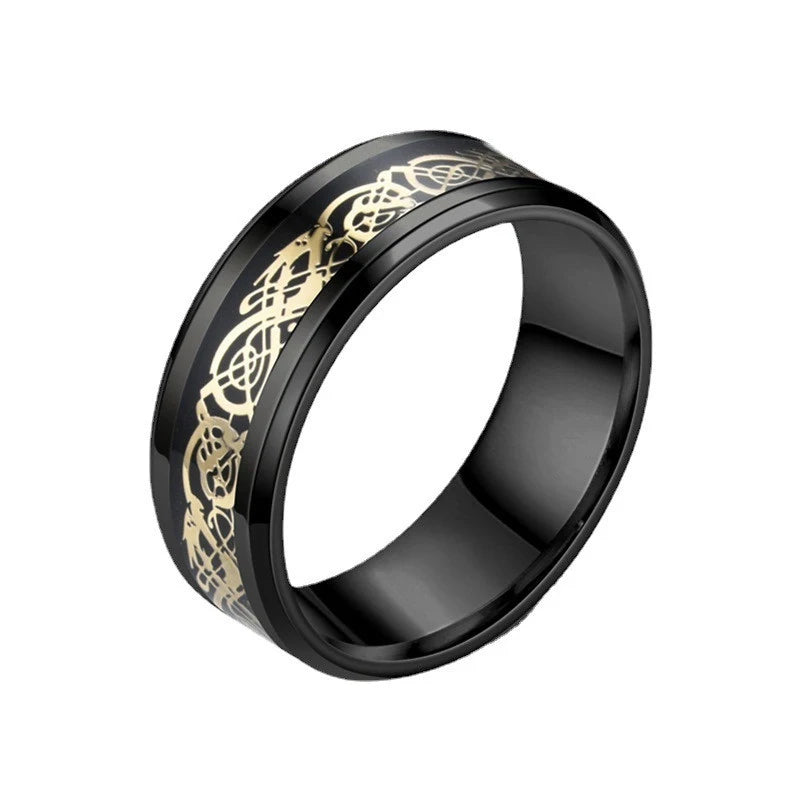 8mm Edelstahl Dominierenden Drachen Muster Ringe für Männer Frauen Punk Intarsien Blau Carbon Faser Ring bagues pour femme