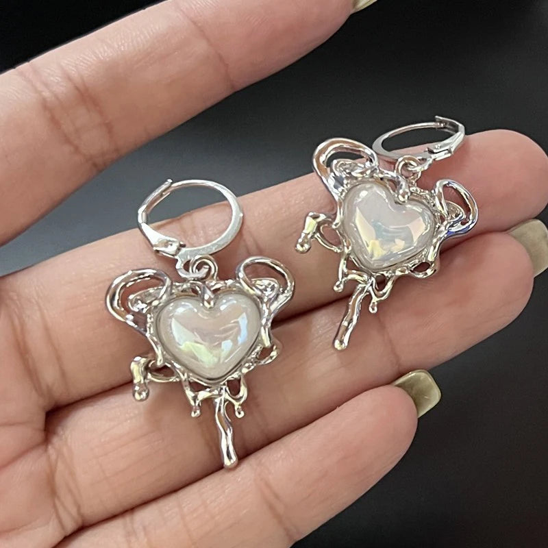 Einfache Silber Farbe Stern Ohrringe für Frauen Opal Stein Herz Creolen Punk Y2K Nette Tägliche Tragen Schmuck Party Geschenke