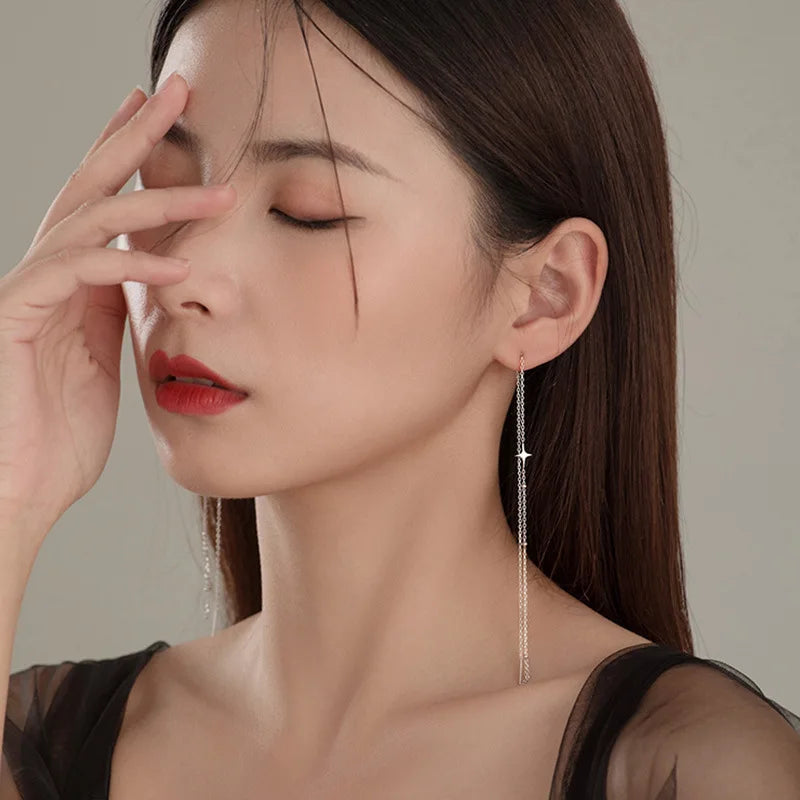 Trendy Tropfen Ohr Linie Lange Hängende Quaste Ohrringe für Frauen Silber Farbe Stern Piercing Einfädler Earing Ohr Zubehör Schmuck