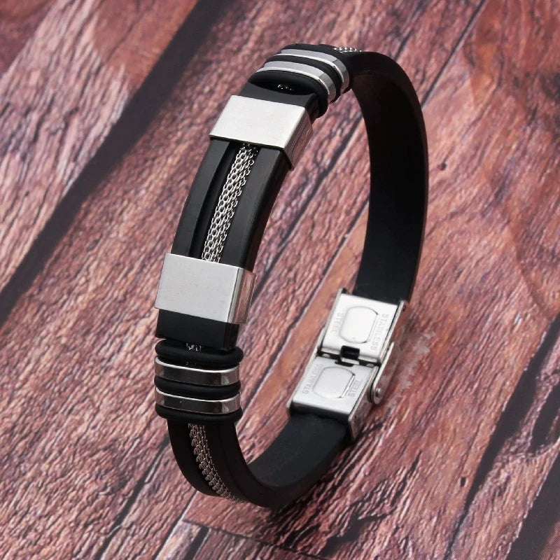HNSP Edelstahl Silikon Leder Armband Für Männer Kabel Linie Hand Kette Punk Schmuck Zubehör Männlich Geschenk