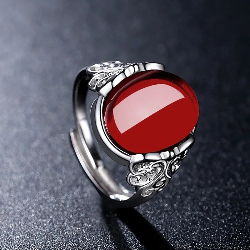 2025 neue Einfache Rote Achat Chalcedon Alte Silber Farbe Offenen Ring Weibliche Krone Strass Ring Hohl Einstellbare Ringe Geschenke
