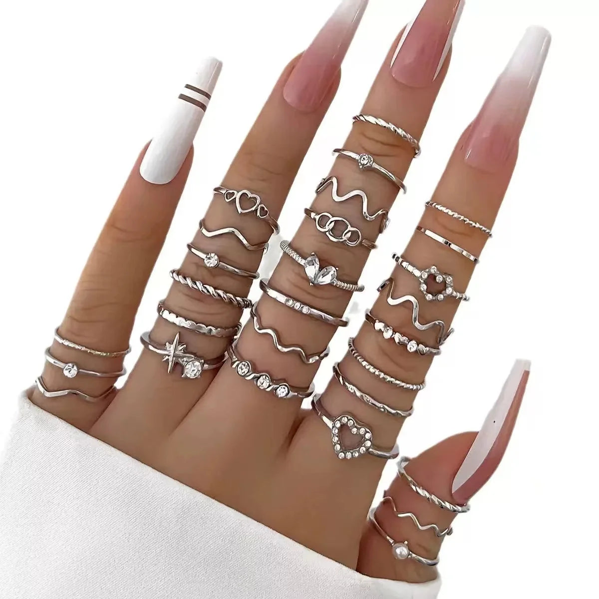 23-teiliges modisches, luxuriöses, glänzendes Zirkon-Wellen-Damenring-Set mit mehreren Elementen, geeignet für den täglichen Gebrauch oder Ringe für Damen