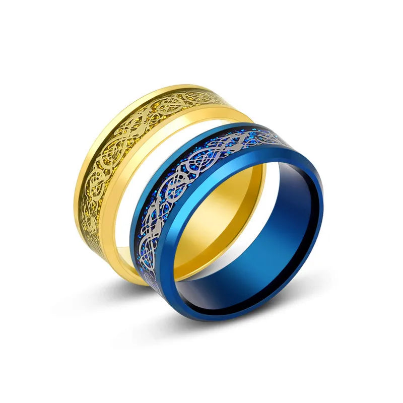 8mm Edelstahl Dominierenden Drachen Muster Ringe für Männer Frauen Punk Intarsien Blau Carbon Faser Ring bagues pour femme