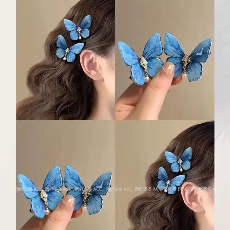 2024 Retro-Schmetterlings-Haarspange für Frauen, niedliche blaue Schleife, Haarspange für Mädchen, Perlen-Haarspangen, rosa Haarnadel, Hanfu-Haar-Accessoire