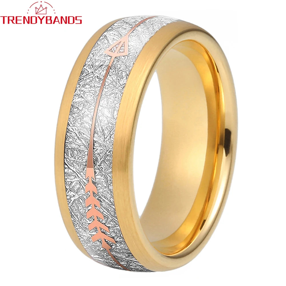 8 mm schwarzer Wolframkarbid-Ehering, Verlobungsring für Männer und Frauen, Meteorit-Pfeil-Inlay, gebürstete Oberfläche