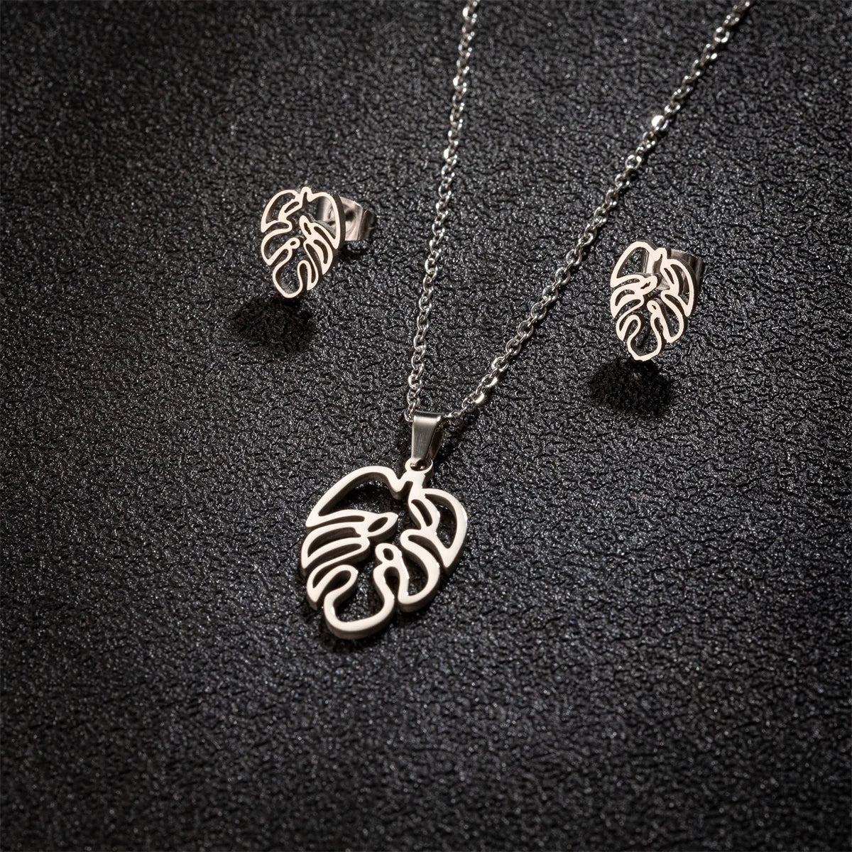Set Schmuck Edelstahl Frau Boho Vintage Monstera Blätter Blume Pflanze Diy Anhänger Charms Ohrringe Und Halskette Set