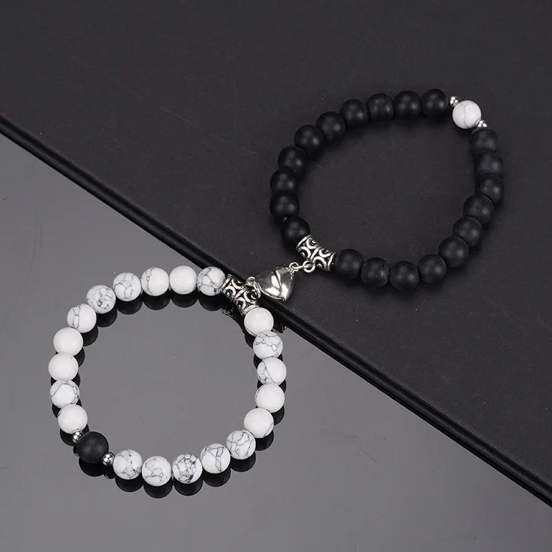 2 Teile/satz Perlen Paar Armbänder Naturstein Abstand Herz Magnet Armband Für Liebhaber Mode Liebhaber Schmuck Geschenk