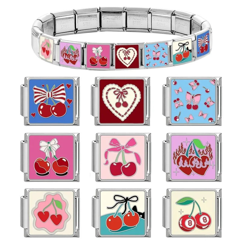 Niedliche Schleife, Knoten, Herz, Kirsche, süß, rosa, rot, italienische Charm-Verbindungen, passend für 9 mm Armbänder, Edelstahl, Damenschmuck, DIY-Herstellung von Geschenken