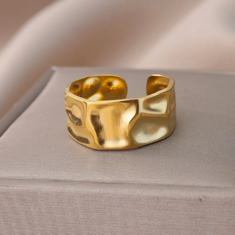 Licht Luxus Edelstahl Unregelmäßige Geometrische Offene Ringe Frauen Gold Farbe Textur Paar Hochzeit Ring Trendy Elegante Schmuck