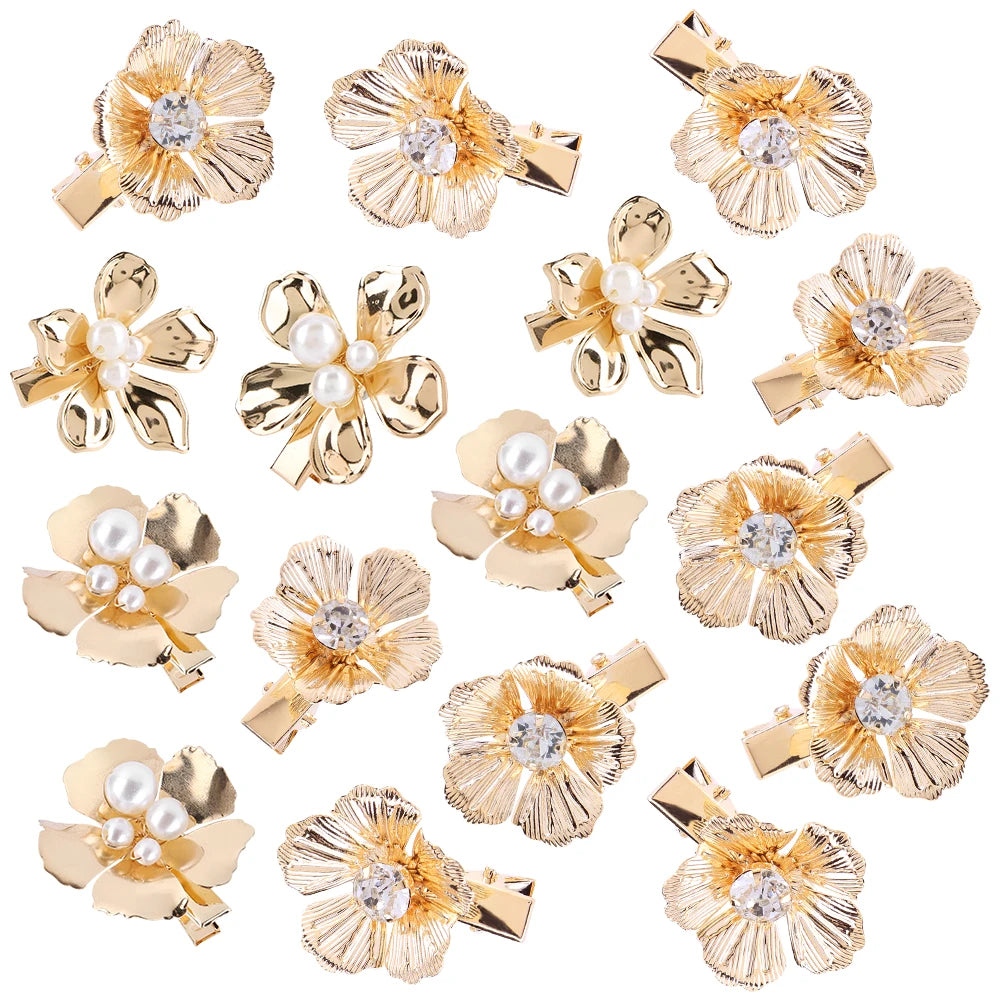 10/12/16 Stück kleine Blumen-Haarspangen, Metall, goldene Perlen-Haarspangen, florale Kopfbedeckung, florale Perlen-Haarnadeln, Haar-Accessoires