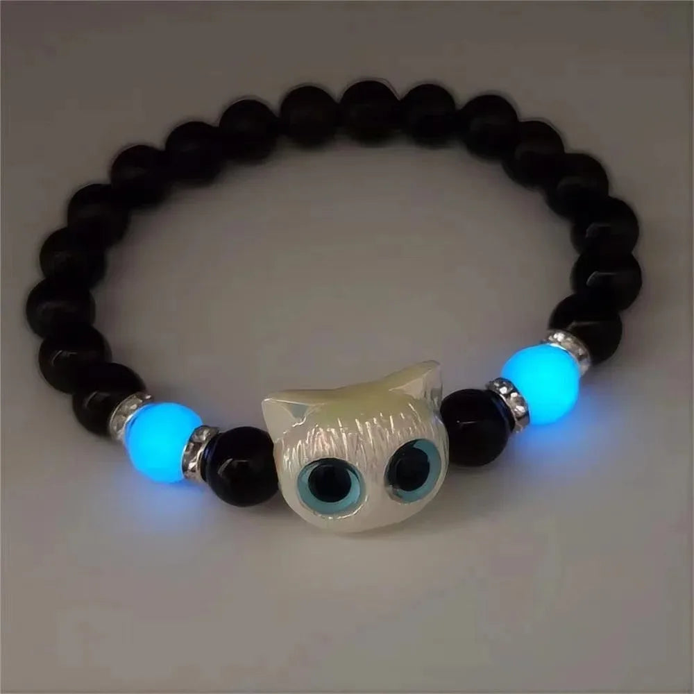 Passende Armbänder für Paare, Damen und Herren, leuchtend, niedliche Katzen-Freundschaftsarmband, schwarz-weiße Katzenkopf-Armreifen, leuchtet im Dunkeln, Geschenk
