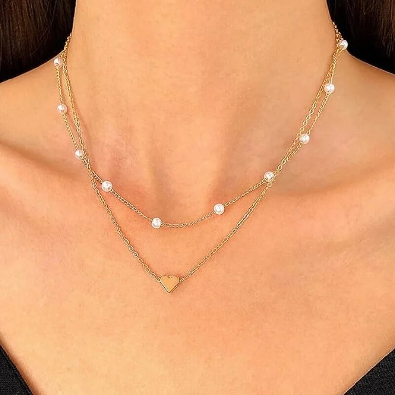 MEDFOLY 4-teiliges Charm-Armband und Halsketten-Set für Damen, 14 Karat vergoldet, Herz-Perlen-Anhänger, Halskette, Sommer, Strand, Schmuck, Geschenke