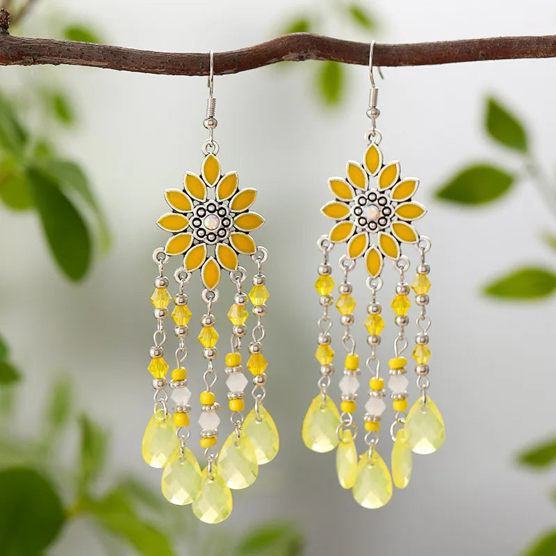 Neue Mode Böhmischen Vintage Blume Tropfen Baumeln Ohrringe Für Frauen Emaille Kristall Geometrische Schmuck Perlen Handgemachte Quaste Ohrringe