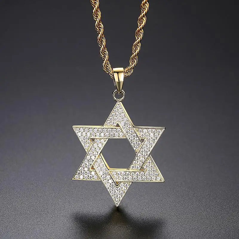 Hip Hop Männer vergoldet Schmuck Micro Pave vereist cz Stein Stern von David Anhänger Hexagramm Israel Judaismus Halsketten