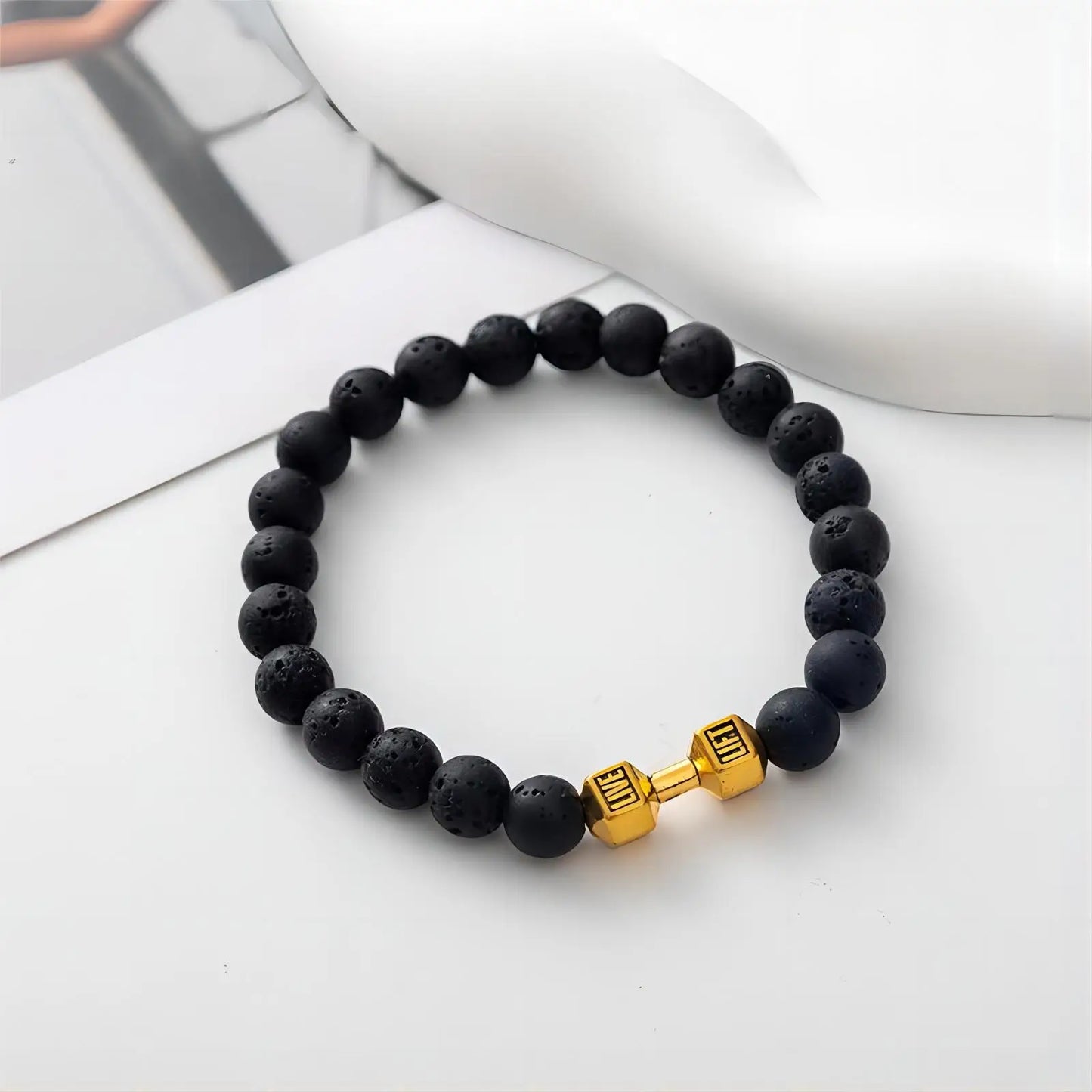 1pc Natürliche Schwarze Vulkanische Lava Stein Hantel Armband Schwarz Matte Perlen Armbänder Für Frauen Männer Fitness Barbell Schmuck Pulser