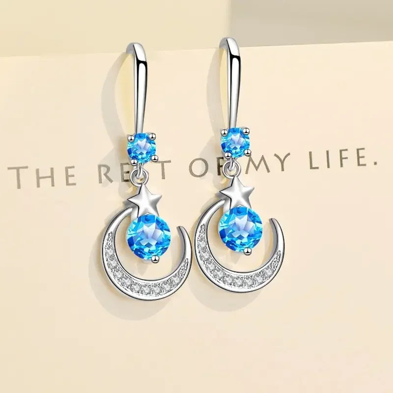 Weibliche Mode Stern Mond Ohrringe 925 Sterling Silber Weißer Saphir Rosa Blau Weiß Künstliche Baumeln Ohrringe