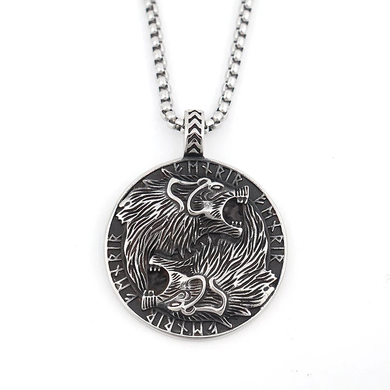 Wolf & Löwe Anhänger Halskette mit nordischen Runen Vintage Stil Wikinger Tribal Kette für Männer, Punk Biker Edelstahl Schmuck Geschenk