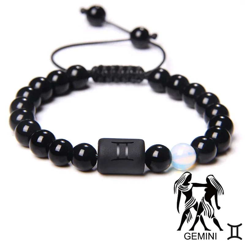 12-Sternbild-Sternzeichen-Armband, schwarze Onyx-Perlen, Krebs-Löwe, Onyx, geflochtenes Armband für Damen und Herren, Paare, Schmuck, Geschenk